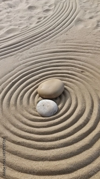 Fototapeta Zen sand garden meditation stone background. Balanced Stones and lines drawing in sand for relaxation. Concept of harmony, balance and meditation, spa, massage, relax.