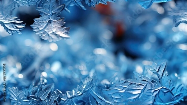Fototapeta  a close up of a bunch of blue snowflakes on a blue background with a blurry image of snow flakes in the foreground.