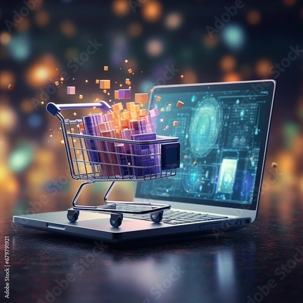 Fototapeta Online shopping concept with miniature shopping cart standing in front of laptop, Generative AI Illustration