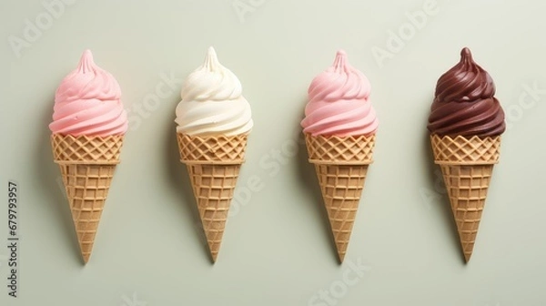 Fototapeta Set of various ice cream scoops in waffle cones