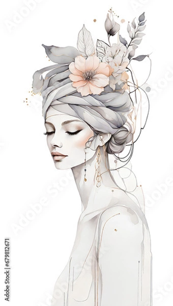Fototapeta Watercolor Beautiful Woman Queen With Gothic Crown on head, Long Hair Decorated By Flowers.