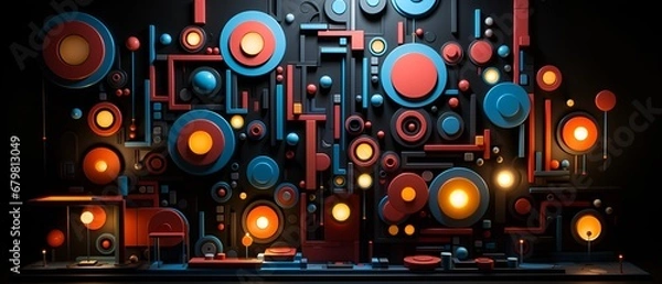 Fototapeta Composition of multiple neon shapes on black background.