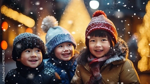 Fototapeta Lively christmas scenes with children and family
