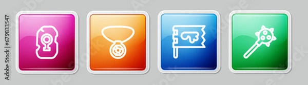 Obraz Set line Magic rune, Necklace with gem, Viking flag and Mace spikes. Colorful square button. Vector