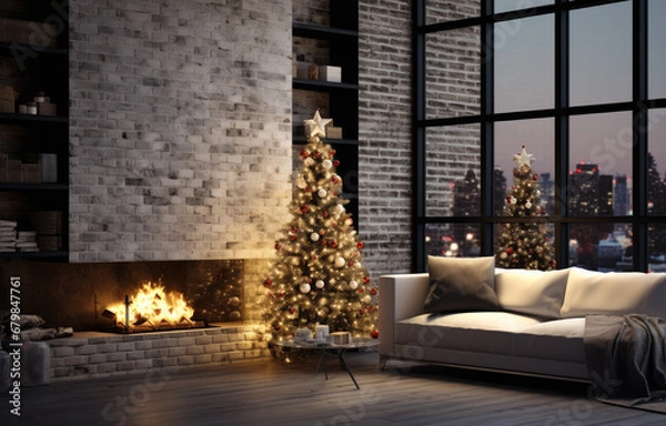 Fototapeta Modern interior with decorated Christmas tree and fireplace