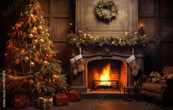 Fototapeta Modern interior with decorated Christmas tree and fireplace