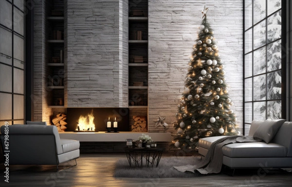 Fototapeta Modern interior with decorated Christmas tree and fireplace