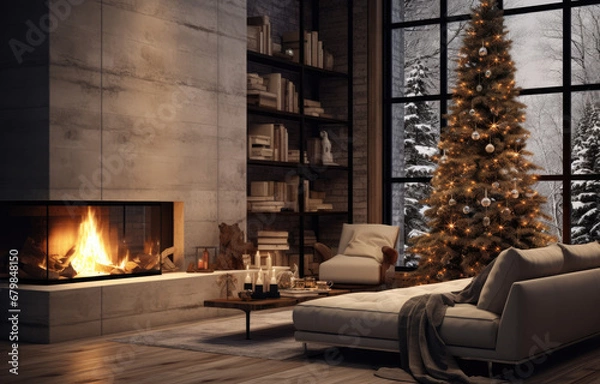 Fototapeta Modern interior with decorated Christmas tree and fireplace
