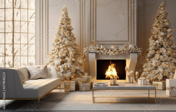 Fototapeta Modern interior with decorated Christmas tree and fireplace