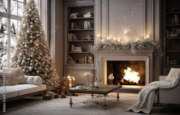 Fototapeta Modern interior with decorated Christmas tree and fireplace