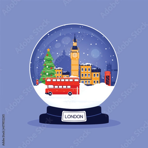 Fototapeta London winter globe. Snow globe with London city and landmarks. Flat design vector illustration.