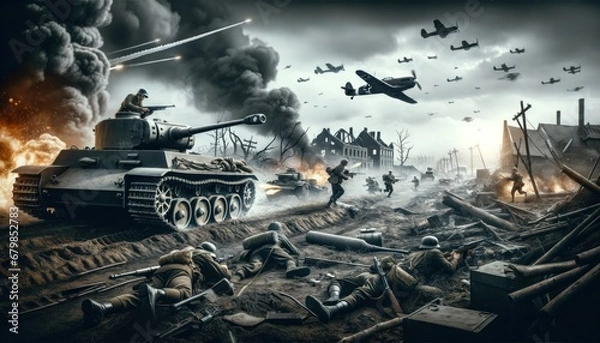 Fototapeta Black and white image depicting a chaotic world war 2 battle scene with soldiers and a tank