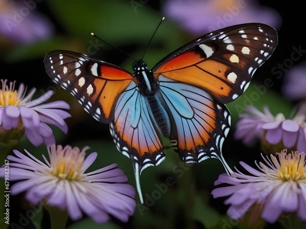 Fototapeta Beautiful butterfly on a flower on a black background