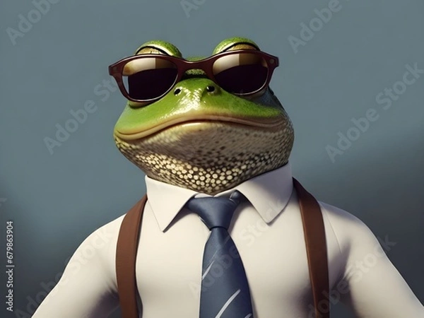 Obraz Mr. Frog wearing sunglasses and dressed in shirt and tie, smiling, meme, humorous
