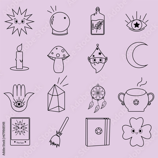 Fototapeta Set of witch and magic collection. Mystical and fantasy in monoline vector illustration