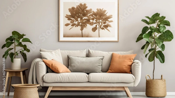 Fototapeta Cute loveseat sofa next to potted houseplant Against wall with frame poster. Scandinavian home interior design of modern living room in farmhouse, Generative AI