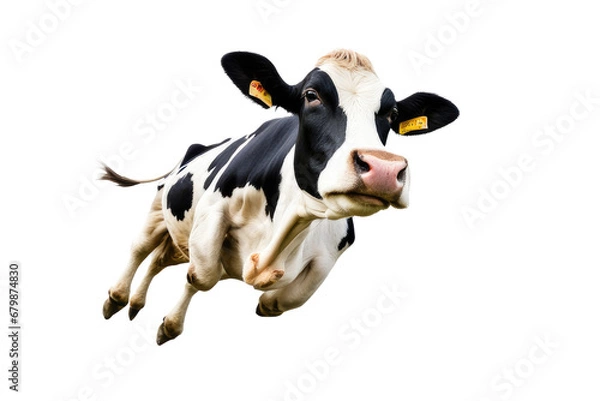 Fototapeta a high quality stock photograph of a single flying satisfied happy cow isolated on a white background