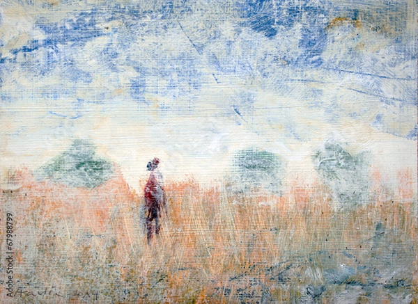 Fototapeta Landscape with trees and field, painting