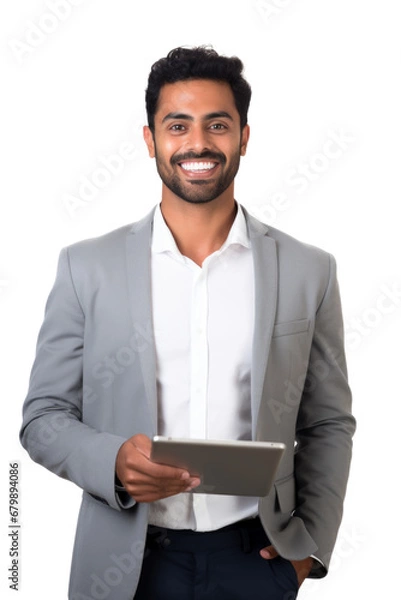 Fototapeta man holding tablet while smiling on transparent background. png