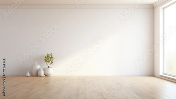 Fototapeta A minimalist room with a plain white wall, bathed in soft, diffused natural light, exemplifying the elegance of minimalism.