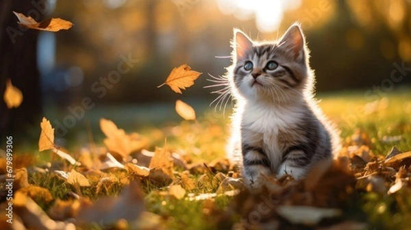 Fototapeta A Cute kitten playing with yellow autumn leaves at sunset. the backyard The background of the photo is a relaxing environment in the backyard.