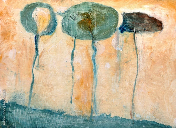 Fototapeta Landscape with trees and field, painting