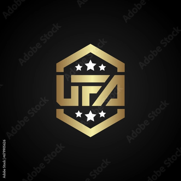 Fototapeta The UFA letter logo in gold on a black background, this logo can also be applied as an emblem.