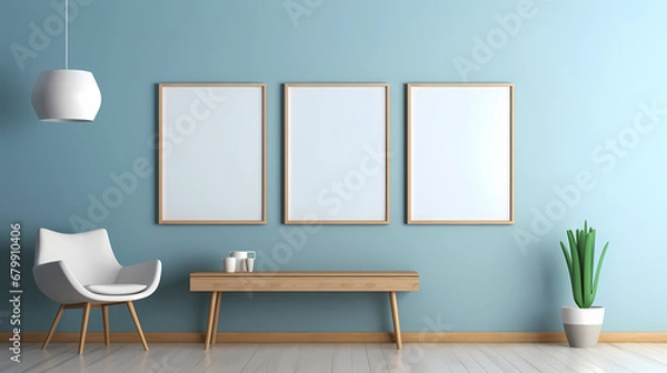 Fototapeta 3D rendering white photo frame leaning against wall background, interior decoration design, white canvas on wall