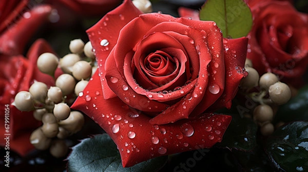 Obraz red rose and water drops
