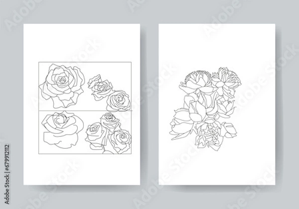 Obraz Isolated rose flower line art with leaf clipart 