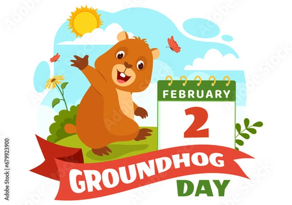 Fototapeta Happy Groundhog Day Vector Illustration on February 2 with a Groundhog Animal Emerged from the Hole Land and Garden in Background Cartoon Design