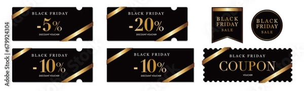 Fototapeta ブラックフライデーセールに使えるシックな黒と金のクーポンベクターデザイン素材セット2