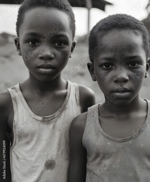 Fototapeta Portrait of Two Young Individuals in a Narrow Alley Reflecting the Severity of Childhood in Underprivileged Environments, with Evident Signs of Socioeconomic Challenges and the Need for Humanitarian A