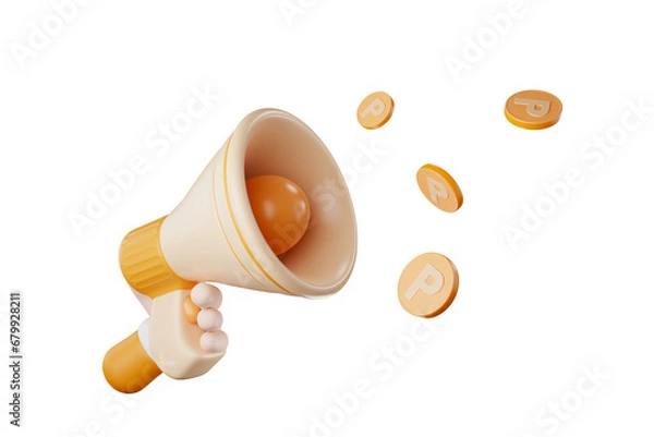 Fototapeta 3D illustration Orange megaphone Scattered collection coins The concept of shopping collects points.