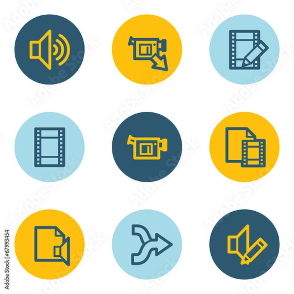 Fototapeta Audio video edit web icons, blue and yellow circle buttons