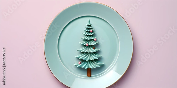 Fototapeta A dining set with silverware photographed from above adorned with New Year's motifs, in the style of a festive atmosphere with cheerful, bold, and vibrant colors