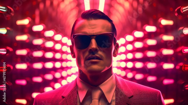 Fototapeta Retro-futuristic portrait of a man with sunglasses in front of a rainbow  neon lights, in the style of vintage '60s futuristic images.