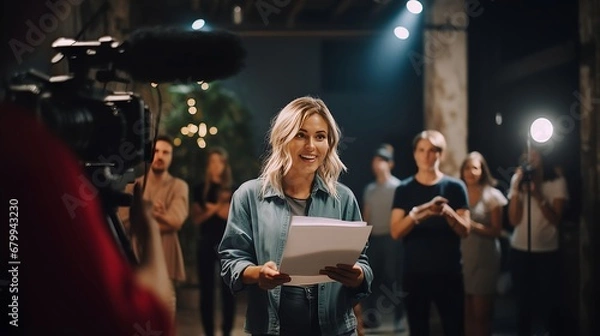 Fototapeta Young woman is reading a script and auditioning for a part in a movie - generative AI