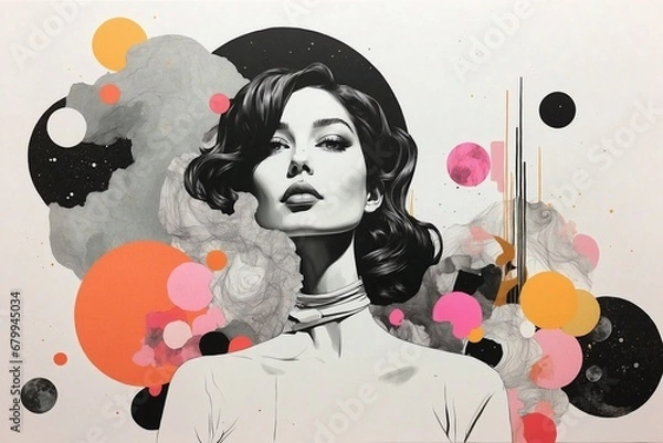 Obraz Contemporary minimal collage art. Sketch cosmic girl in creative. space. Pop zine culture