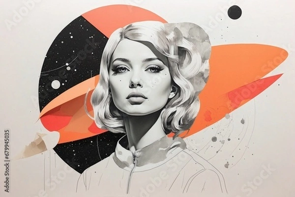 Obraz Contemporary minimal collage art. Sketch cosmic girl in creative. space. Pop zine culture