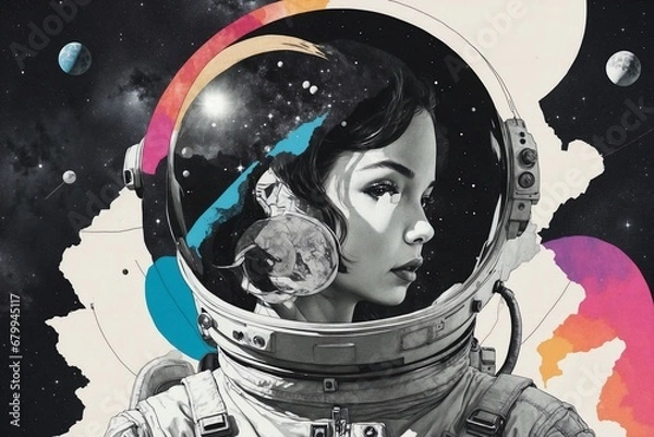 Obraz Contemporary minimal collage art. Sketch cosmic girl in creative. space. Pop zine culture