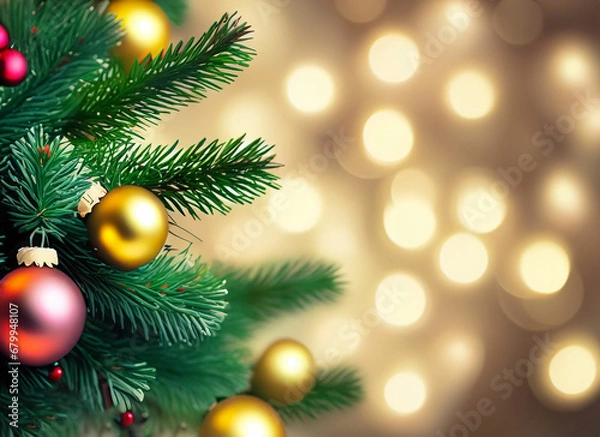 Fototapeta Christmas background with decorative fir tree on blurred neon light background with bokeh