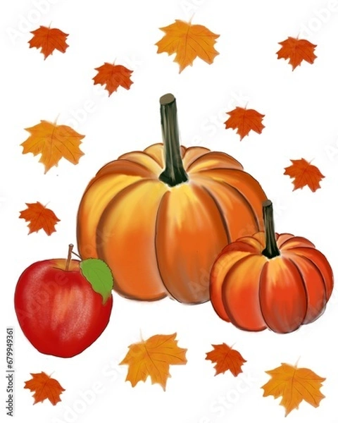 Fototapeta Illustration of pumpkins apple and maple levaes