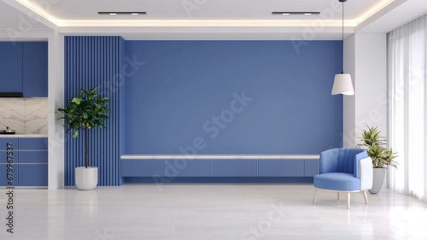 Obraz TV wall mock up ,Modern interior of living room with blue armchairs on white flooring and  blue nova wall .emptry room ,3d rendering