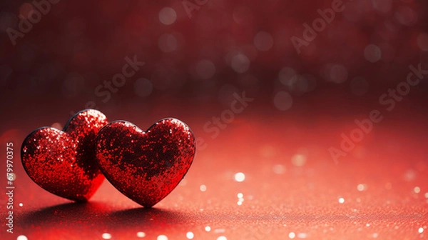 Fototapeta 2 red glitter hearts with sparkle background. Banner background