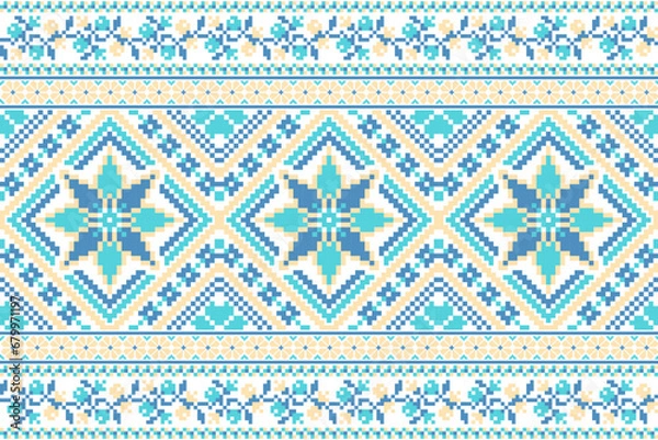 Fototapeta flower embroidery on white background. ikat and cross stitch geometric seamless pattern ethnic oriental traditional. Aztec style illustration design for carpet, wallpaper, clothing, wrapping, batik.