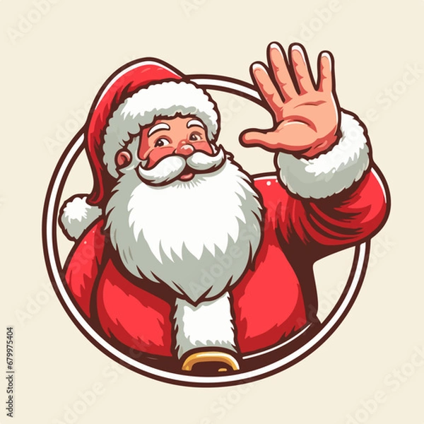 Fototapeta Cute Cartoon Vector illustration of a happy smiling santa claus waving out from circle, cartoon santa claus logo. Ai Generated
