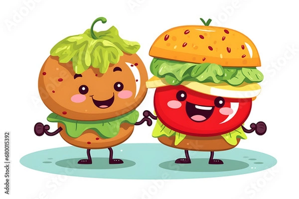 Fototapeta Burger and vegetables in cartoon style.Vector flat cartoon character illustration icon design. food concept.AI generative