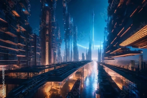 Fototapeta Imagine A surreal, floating cityscape in the clouds, with futuristic buildings and walkways suspended in an endless sky. --