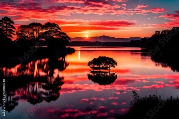 Fototapeta A breathtaking sunset over a tranquil lake, reflecting vibrant hues of orange and pink in the calm waters. The silhouette of distant trees adds to the serenity of the scene. --